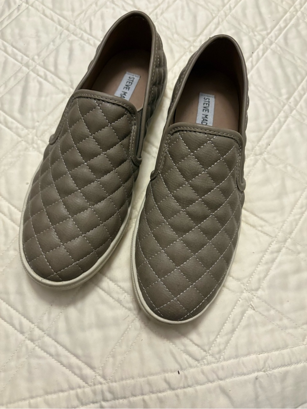 Steve Madden Women’s Quilted Slip-On Sneakers in Taupe. WORN ONCE NO BOX